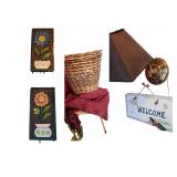 Welcome Wall Slate - Wall Lamp - Wooden Carved Flowers - Woven Basket - Wooden Round Accent Table