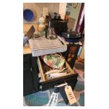 Contents or Drawers and Cabinets on both sides of sink Cabinets - Basket of Utencils on Counter ,Knives, Potholders, Hand Towels, Fibber McGee Drawer