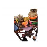 Handmade Wooden Table - 33 x 17 x 29 - Contents various Bowls - Stainless Utencils- Pottery Bowls and Canisters