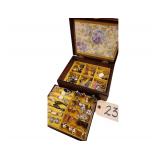 Wooden Jewelry Chest with Large Lot of Vintage Clip Earrings