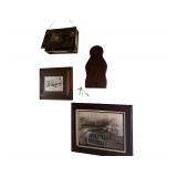 Lot of Items on Wall - Clock - Basket - Very Old Pictures - Etc.