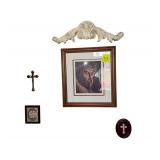 Contents On Wall Includes- Jesus Print 18 Xx16 Frame Size - Cross Plaque 6” - Frendship Plaque 6” - Brass Crucifix 7” -,Wooden Cherub Swag 20”