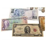 Lot of Foreign Money - $2 Bill - Francs - Phillipines - Canadian - some coins
