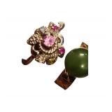 2 Gold Rings - (1)14 K Gold Band with Green Round Stone, Size 6.5 - (1) 10Kt White Gold Ring size 8 with Various Stones Total Weight 0.216 t oz