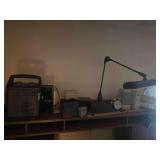 Contents on Top of Desk- Lamp - Heater - Speakers - Clock