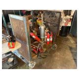 Metal Cart on Wheels 43x22x37 Inches a Hydrolic Jack , 5 Fire Extinguishers