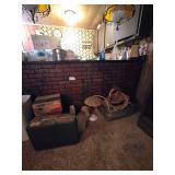Contents on Floor Against Wall Including Baskets, Plastic Containers, Vaporizer, Small Punch Bowl