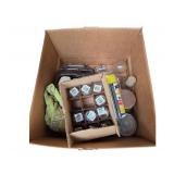 Boxes of Dishes, Glassware, Salt and Pepper Shakers, Kronos Time Keeper, Work Light