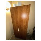 Wooden Storage Closet. Approx 30" x 15" x 72" Contents Included - Crock Pot, Glass Serving Pieces, Plates, Glasses