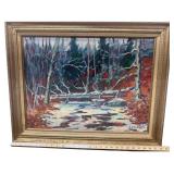 Textural Oil On Canvas Painting- Artist Signed but Illegible - Winter Forest & Stream - On Back Of Frame it is Marked “Stone Quarry, Winter, Rockport Mass” & “Feb. ‘79” - Framed - 29” x 24