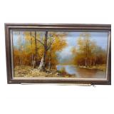 Oil on Canvas Painting - Artist Signed (unknown, see photos) - Autumn Forest Scene and a Stream - Framed and Matted - 24” x 48”