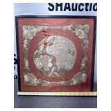 Framed Chinese Silk Embroidery Panel - Crane and Floral Embroidered - 17.5” Square