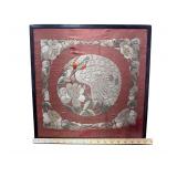 Framed Chinese Silk Embroidery Panel - Crane and Floral Embroidered - 17.5” Square
