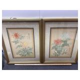 Pair of Chinese Prints of Chrysanthemum’s & Daisy’s - Printed in Cloth or Silk - Framed/Matted - 22” Wide Ea.