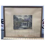 Florian A. Baker Signed & Hand Colored Print - Depicting a Mill & Waterfall - Circa early 20th Century - Rustic Gold Frame - 17.5” x 15” Total