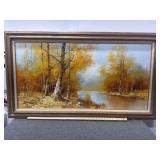Oil on Canvas Painting - Artist Signed (unknown, see photos) - Autumn Forest Scene and a Stream - Framed and Matted - 24” x 48”
