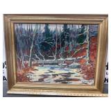 Textural Oil On Canvas Painting- Artist Signed but Illegible - Winter Forest & Stream - On Back Of Frame it is Marked “Stone Quarry, Winter, Rockport Mass” & “Feb. ‘79” - Framed - 29” x 24