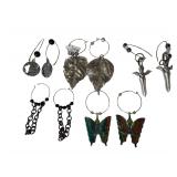 5 Pairs of Custom Made Earrings - Costume Jewelry - Beaded - Skull Dagger w/ Wings - Dragon - Butterflies