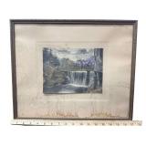 Florian A. Baker Signed & Hand Colored Print - Depicting a Mill & Waterfall - Circa early 20th Century - Rustic Gold Frame - 17.5” x 15” Total