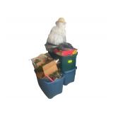 6 Plastic Totes along with a 29 Inch Snowman Assorted Xmas Wreaths