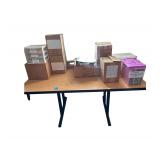 Steel/Wood Table 6’L. X3’W. X 29” H. - DeLongi Electric Oil Heater - Dry Erase Board- Steel File Cabinet- 42”L. X 50” H. X 18” D.