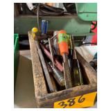 Wooden Box of Chisels and Screw Drivers