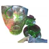 Green Glass Tea Set 3 Cups and Sauscers