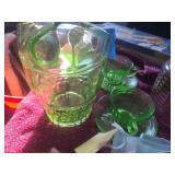 Green Glass Tea Set 3 Cups and Sauscers