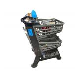Black Plastic Shopping Cart on Wheels With Contents Including New in Box Hook Key Box, Grinding Wheel, Screwdrivers