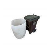 Two 55 Gal White Drums & Two Garbage Cans