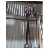 1- Long Handled Pitchfork 1- Short Handled Pitchfork, 4 Long Handled Flat Shovels.