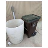 Two 55 Gal White Drums & Two Garbage Cans