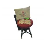 Vintage Black Laquer Wooden Needle Work Stool 19 in. H x 14 in. Round with Brass Claw Foot Legs , and Pillow