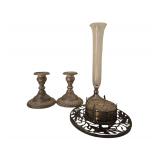 Sterling Silver Candle Sticks, Glass and Sterling Trivet and Coasters Bud Vase with Sterling Stem