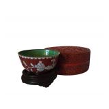 Small Cloisonne Bowl on Wooden Pedastal Approx. 2 in. H x 4 in. Diameter. Red Intricately Carved Round Wooden Boz Approx. 6 in. Diameter
