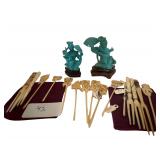 Turquoise Stone Figurine & Lot of Vintage Bone Carved Cocktail Sticks
