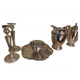 5pc Elegant Silver Plate Tableware including Candlesticks - Pitcher Etc.