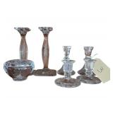 Etched Leaded Crystal Candle Sticks Approx. 3 in. to 9 in., Crystal Rose Trinket Bowl