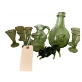 Lot of Vintage Italian Green Glass - Including Decanter and Glasses - And Green Art Glass Cat