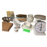 Various Kitchen Items - Scale - Glasses - Measuring Cups - Corn Dish Set - Trivets - Etc.
