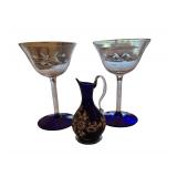 Wine Glasses with Cobalt Blue Stems, Mini Italian White and Blue Pitcher