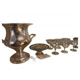 9 Silver Plate Pieces including Ice Bucket - 6pc Stemware - Creamer - Footed Candy Dish