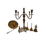 Candelabra, King George Trivet, Candle Snuffer, Bells Plate. All Brass