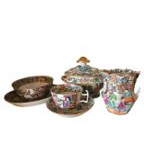 Vintage Chinese Famille Rose Porcelain Set Included Tureen, Tea Cup and Saucer, Bowl, Small Oval Platter, Creamer