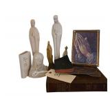 Religious Statues and Foil Picture of Praying Hands, Prayer Book, Bible
