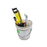 A Bucket with a Hand Saw , Funnel ,Miter Saw