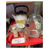 Older Tea Pot 4" Aluminum Pan a Vintage Hand Mixer 6 Glass Botles