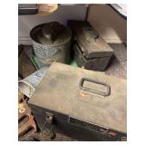 3 Bait Buckets a 15"c7"x8" Tackle Box and 1942 Capacitor Tester
