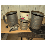 3 Large Flower Sifters, 1 Small Sifter 1 Flower Scoop. Appear to be Vintage, 1 Wood Stove Burner Cover.