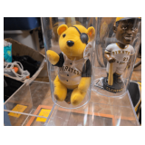 3 Display Cases, Pirate bobbleheads, Steeler Dolls,